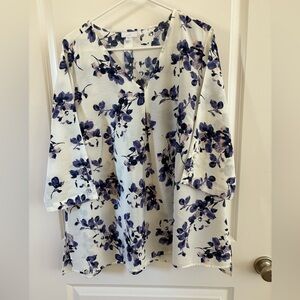 J. Jill White Blouse with Dark Purple and Lilac Floral Print
